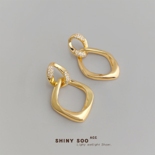 明天见ohh时尚 感重工质感银针微镶锆石双层立体几何镂空耳饰耳环