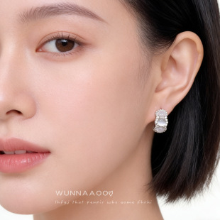 明天见ohh烟灰清晨 通勤感玻璃猫眼石耳钉清冷贵气感半弯锆石百搭