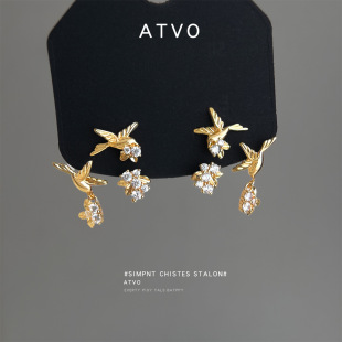 明天见ohh原创一款 感小众设计耳饰耳钉 多戴飞鸟集镶嵌锆石时尚