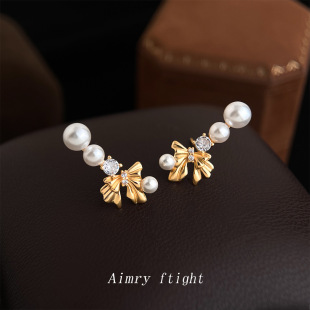 明天见ohh原创设计师款 耳环 镶嵌锆石蝴蝶结珍珠耳饰气质优雅新款