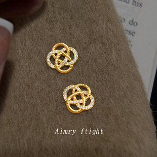 感微镶锆石几何绳结方形镂空电镀银针耳饰耳钉女 明天见ohh时尚