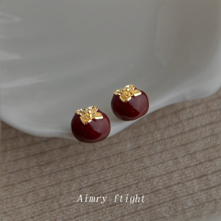 明天见ohh珐琅滴釉文艺复古港风柿柿如意耳钉小巧简约通勤酒红色