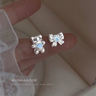 明天见ohh原创设计师款 不对称银针小熊蝴蝶结可爱清新甜美新款