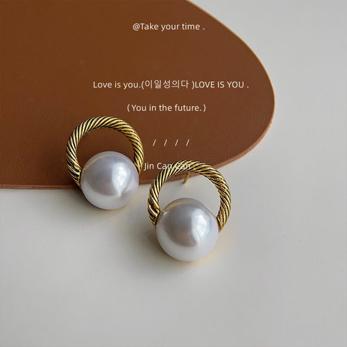 明天见ohh法式复古做旧感925银针圆形几何镂空珍珠耳钉气质简约