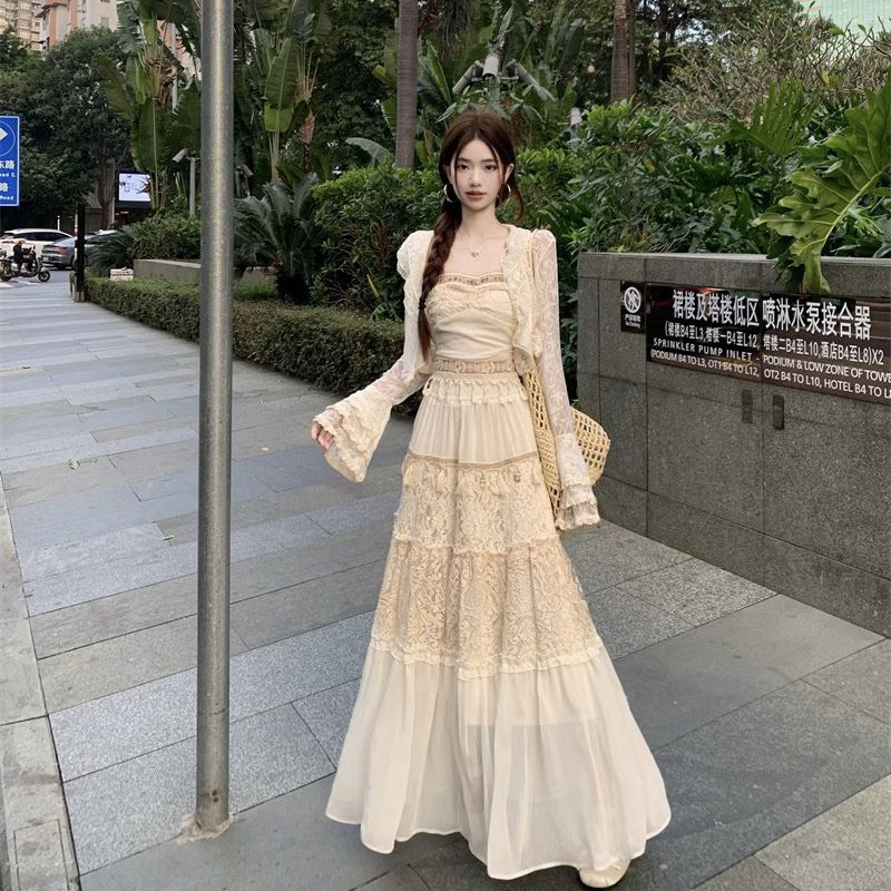 波西米亚风裙套装流苏抹胸背心蕾丝开衫半身长裙女夏三件套度假风