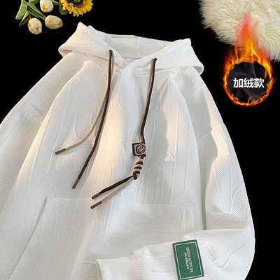 提花连帽卫衣男秋冬加绒加厚美式潮牌青少年宽松oversize重磅外套