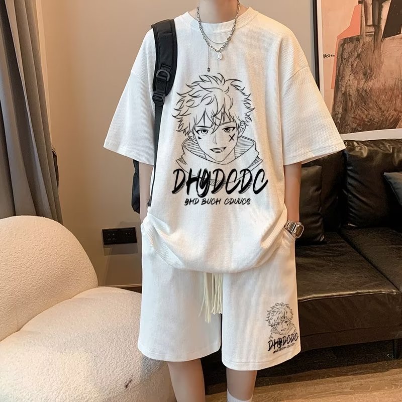 卡通大码华夫格套装男夏季薄款宽松休闲运动搭配短裤短袖两件套潮