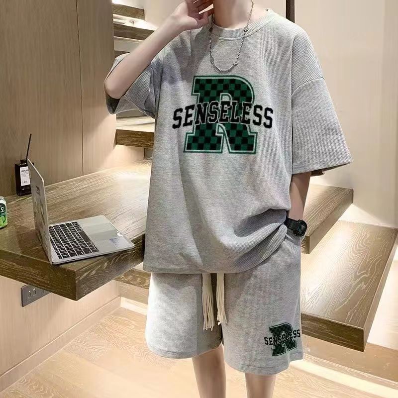 休闲套装男夏季薄款华夫格短袖短裤一套青少年T恤2024新款运动服