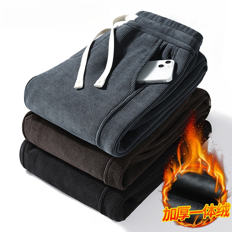 外贸灯芯绒裤子男士秋冬季加绒加厚美式潮牌休闲裤大码束脚运动裤