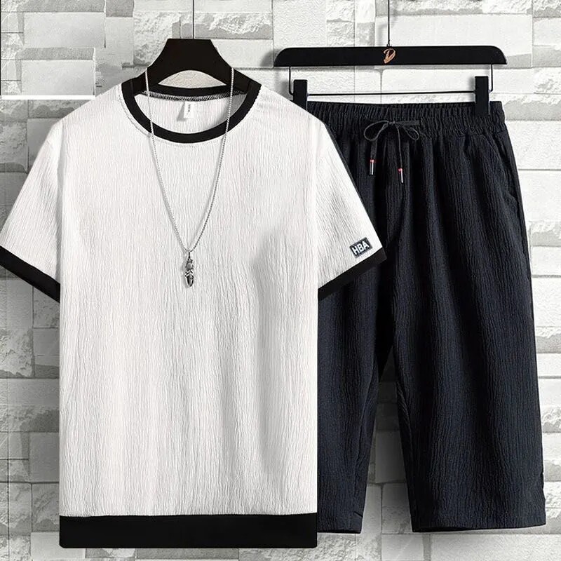 清仓捡漏冰丝套装男夏季宽松休闲运动套装潮牌短袖七分裤两件套薄