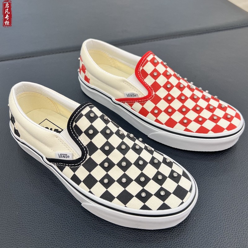 VANS Slip-On红色镶钻石棋盘格一脚蹬帆布鞋VN000D6YCJK/D6YIZQ