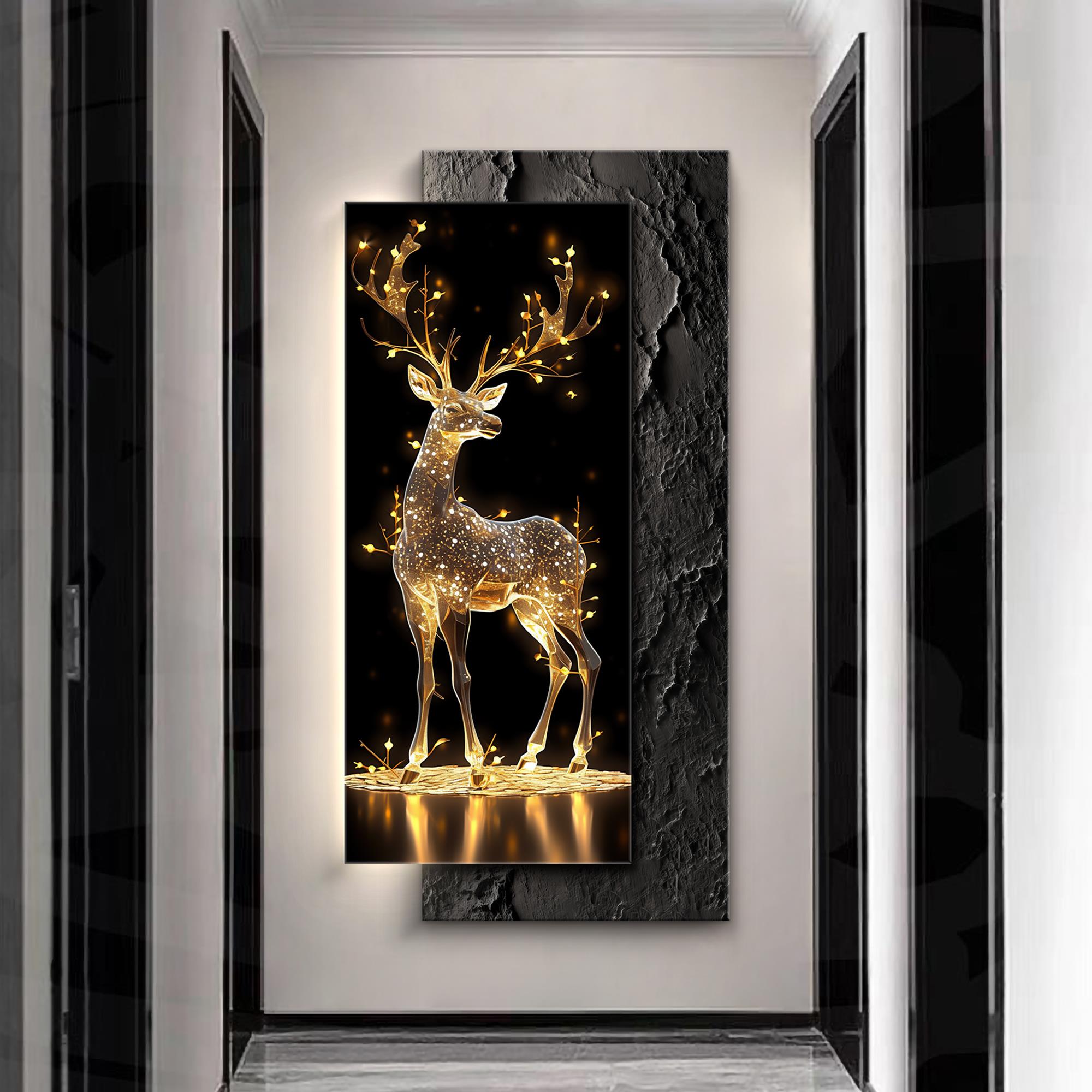 锦禄赐福轻奢黑金福鹿玄关装饰画客厅过道高级立体叠加挂画发光画图片