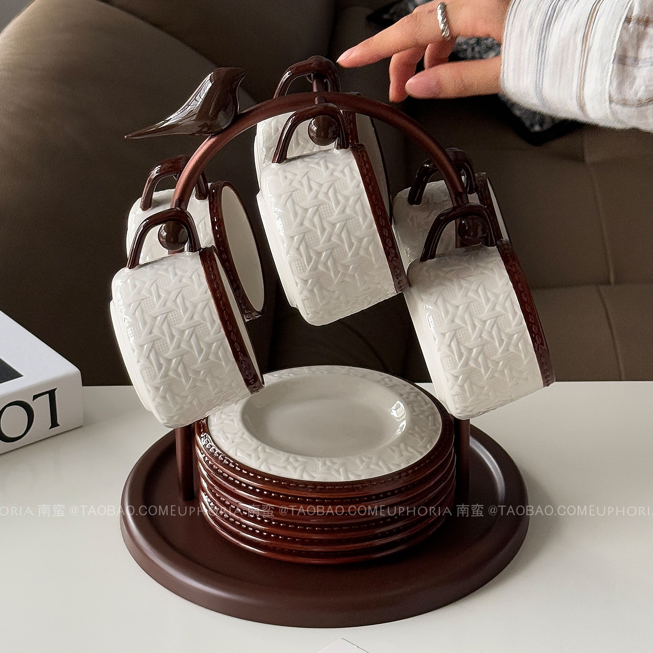 中古风藤编棕咖啡杯碟套装轻奢家用陶瓷下午茶水杯带杯架杯具套装