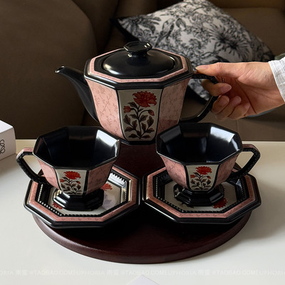 中古风牡丹花窗陶瓷杯碟茶具套装