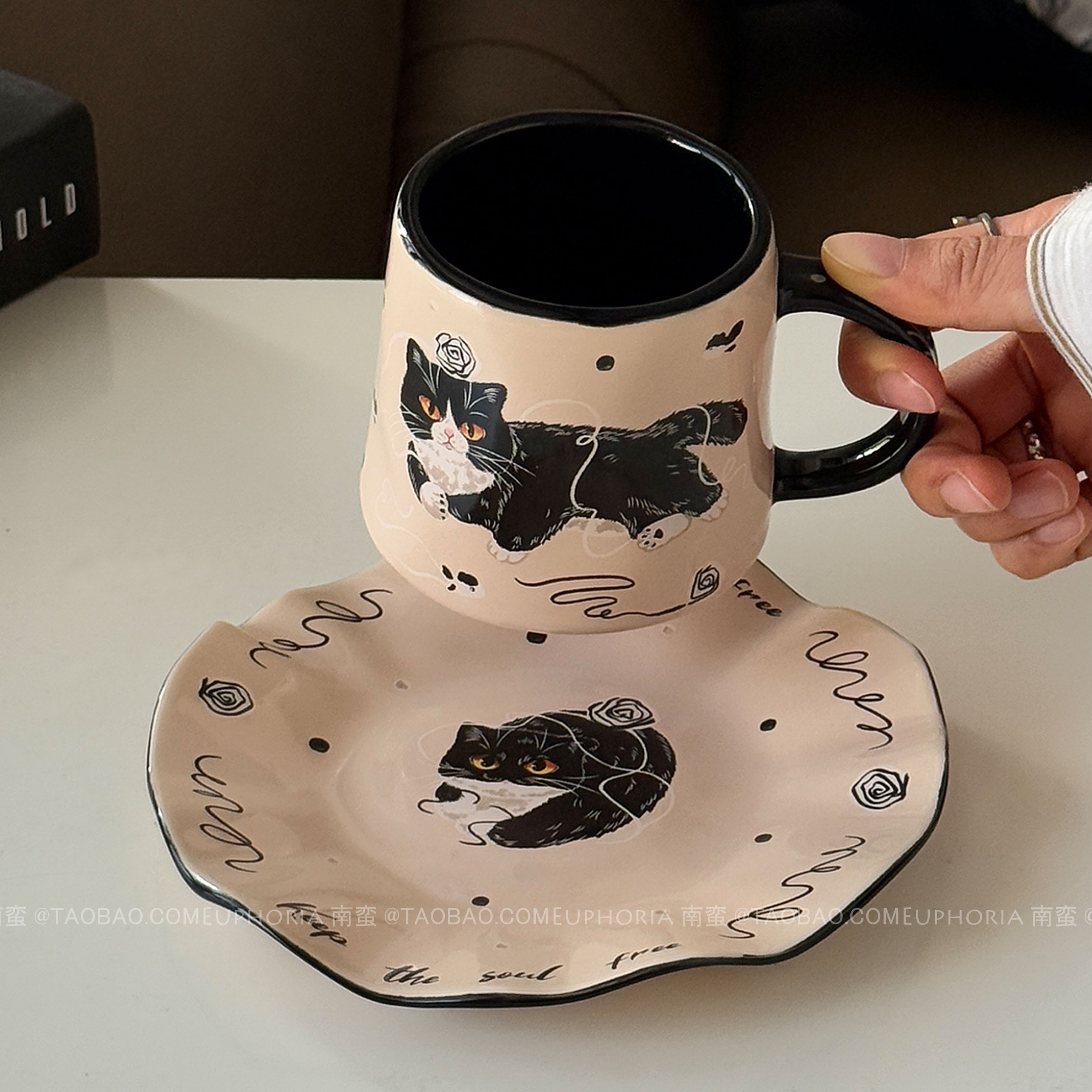 复古创意黑猫魔法俏影波纹咖啡杯碟拉花拿铁杯下午茶水杯小众礼物