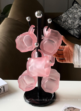 高级感磨砂粉扭扭玻璃杯茶杯置物架客厅多层倒挂水杯果汁杯收纳架