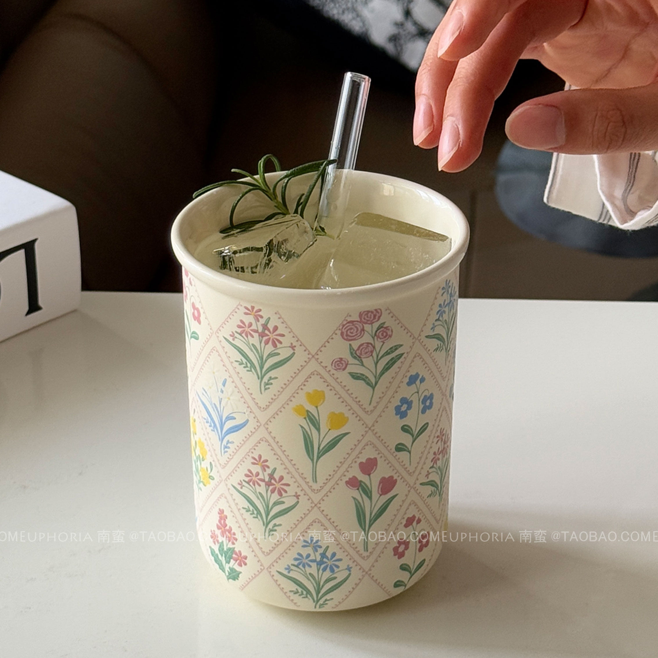 复古田园风菱纹花束陶瓷杯咖啡杯