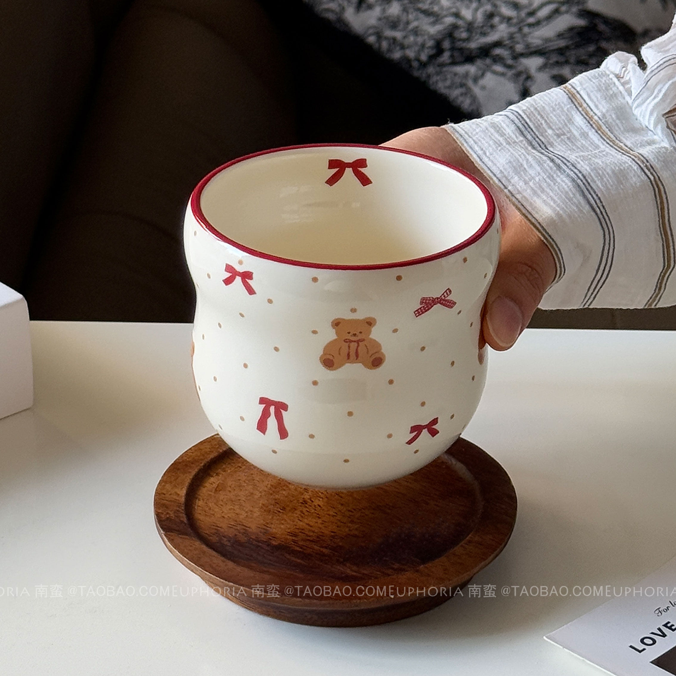 复古红领结小熊手握杯陶瓷水杯子拉花拿铁杯咖啡杯摩卡杯小众礼物