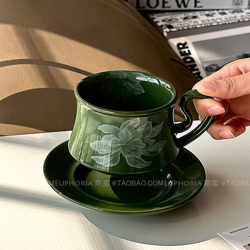 复古橄榄绿雾花陶瓷咖啡杯碟