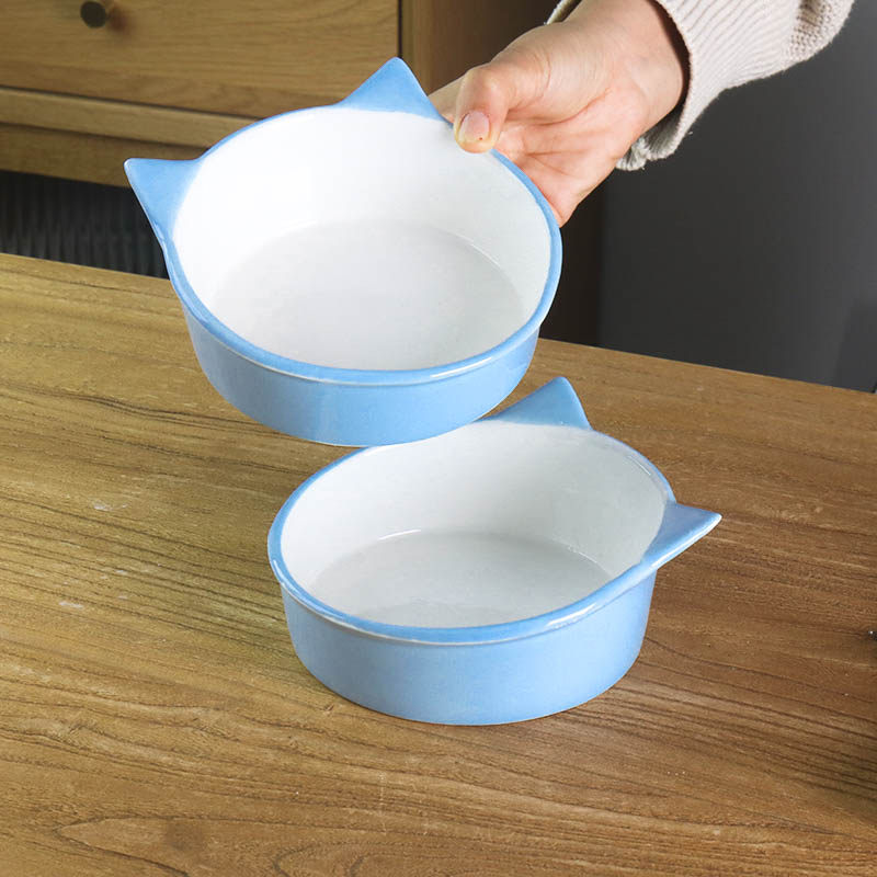 （两个装）可爱猫耳朵陶瓷碗蓝色家用吃饭碗汤粥碗斜口甜品碗餐具