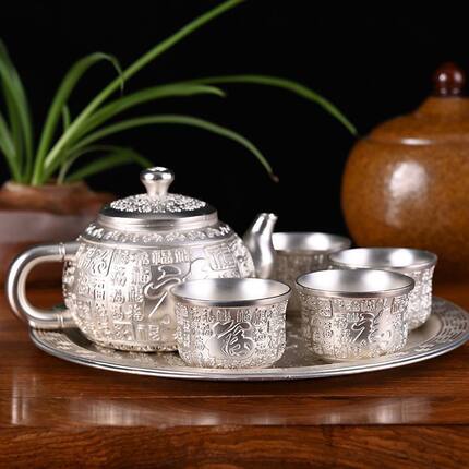 百福银茶具银熟茶具999套装中送礼品摆件直播日用1茶壶1托盘4茶杯