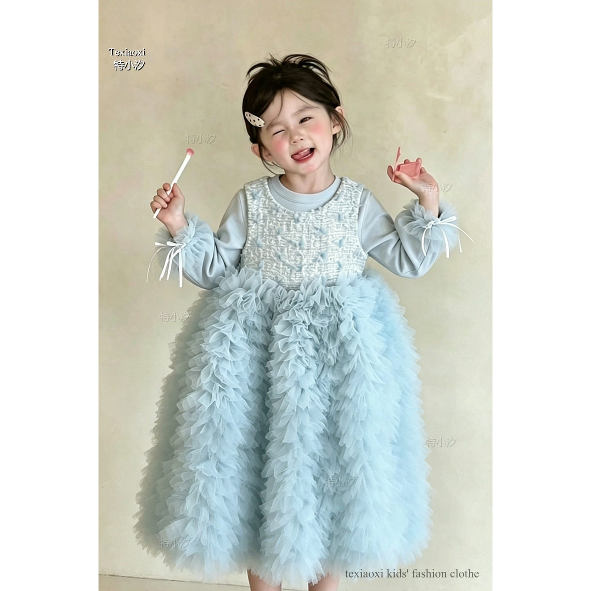 Txxkids特小汐女童无袖背心公主裙蓝色连衣裙蛋糕裙生日礼服裙子