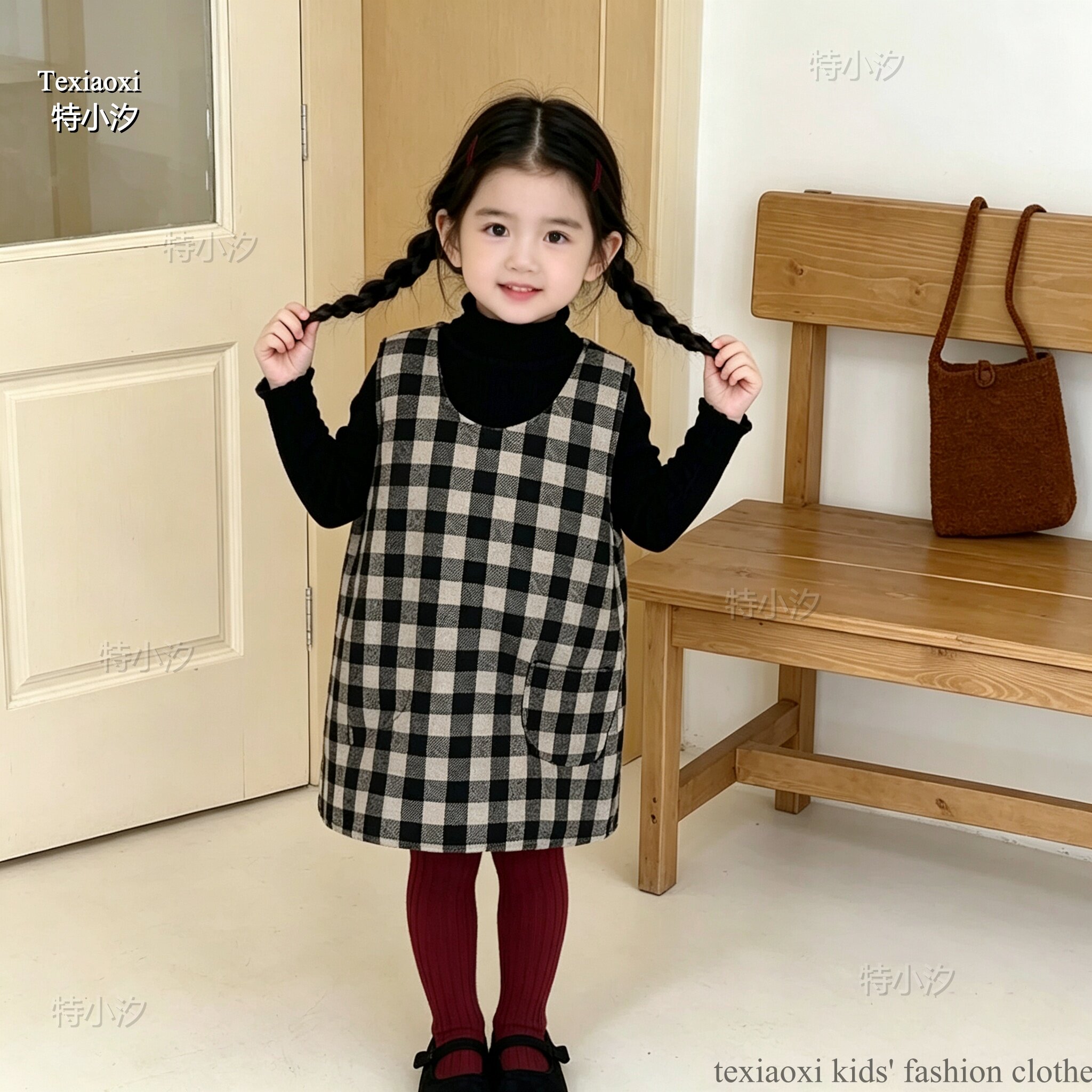 Txxkids特小汐韩系女童格子背心裙复古小众日常打底格子连衣裙子图片