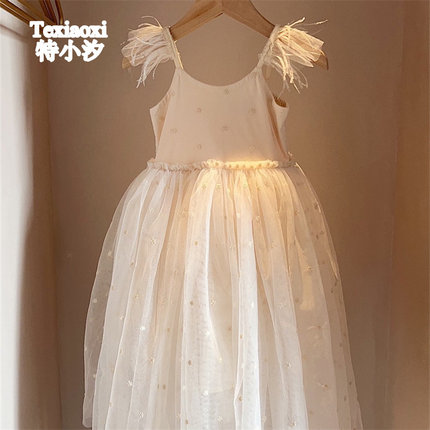 Txxkids特小汐新款女童夏季重工羽毛刺绣网纱裙高品质礼服吊带裙