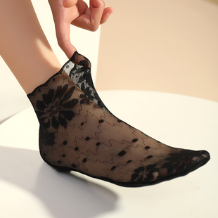橙乙蕾丝短袜子女纯棉底薄款 黑色花边网纱透气中筒袜子女春夏季