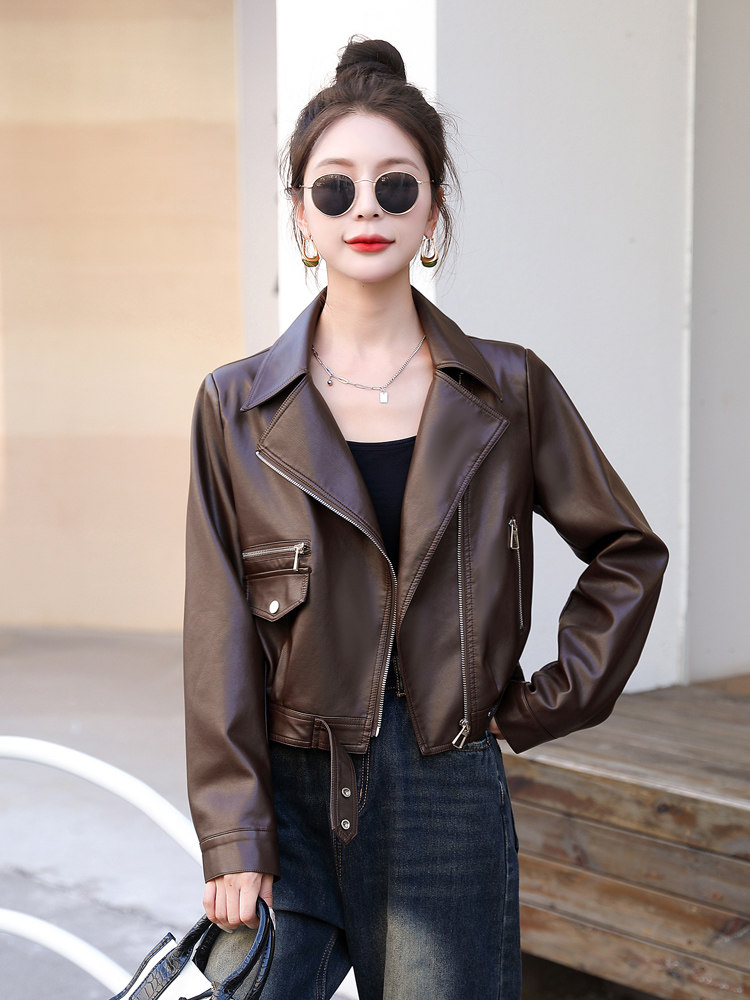 2025新款春秋爆款皮衣外套女款短款机车棕色小个子高级感pu皮夹克