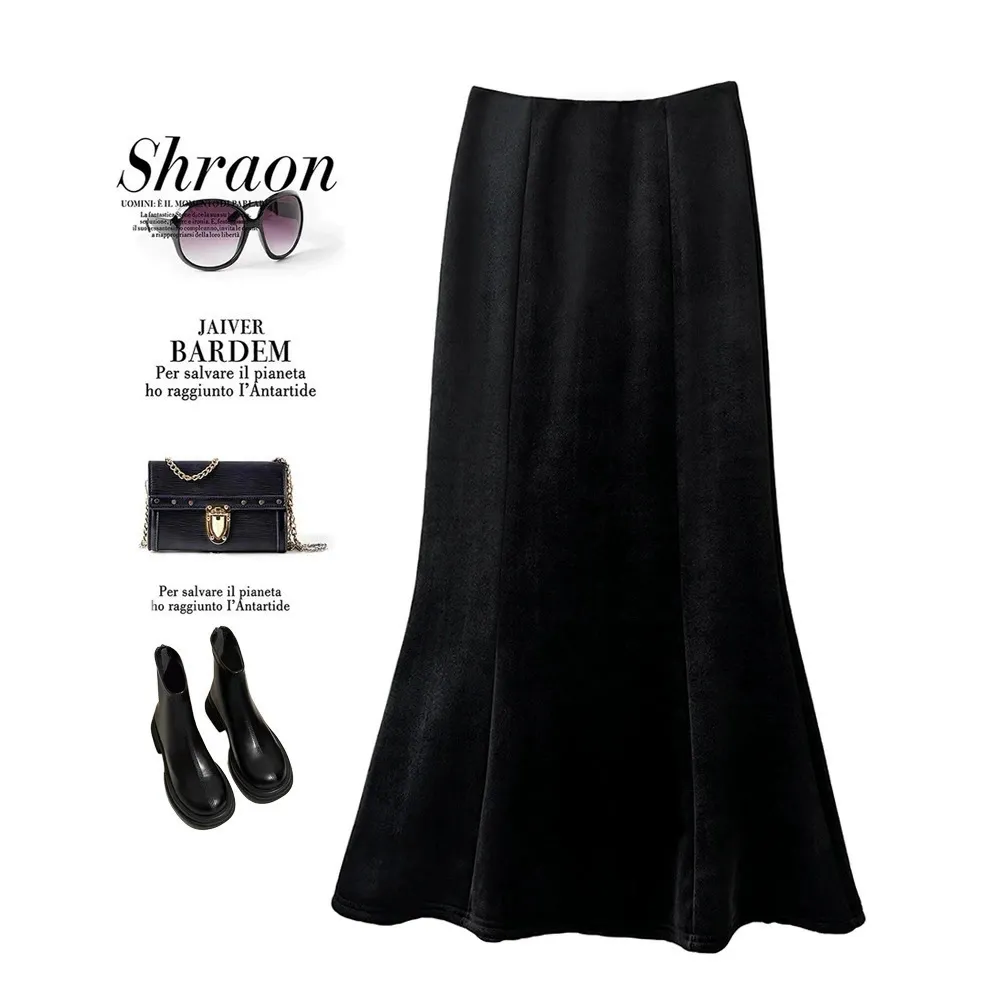 加绒加厚黑色丝绒鱼尾裙半身裙女秋冬高腰显瘦中长大摆a字包臀裙