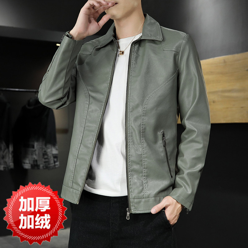 秋季男士皮衣帅气宽松机车服翻领加绒外套冬PU皮夹克PU10加厚P70,男装皮衣,星座1217-2