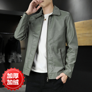 秋季男士皮衣帅气宽松机车服翻领加绒外套冬PU皮夹克PU10加厚P70图片