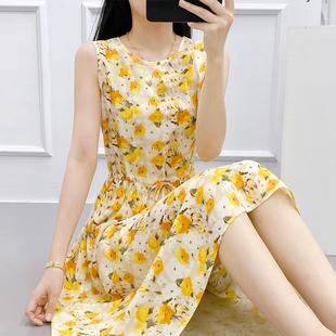 海边碎花吊带棉绸连衣裙2025女收腰高级感外穿无袖 新夏季 背心长裙