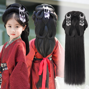 儿童汉服假发女魏晋风战国袍发髻盘发发包古风一体式 全套头饰垫发