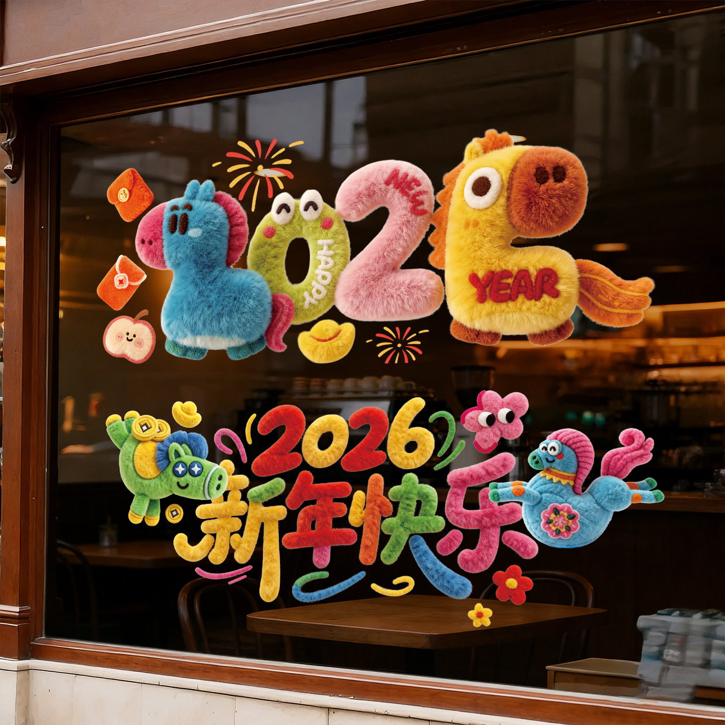 2026马年卡通毛绒窗花新年3D橱窗玻璃门装饰过年客厅静电贴批货,节庆用品/礼品,福字/窗花/窗贴,淘宝优惠券,粉丝福利购,淘宝优惠卷