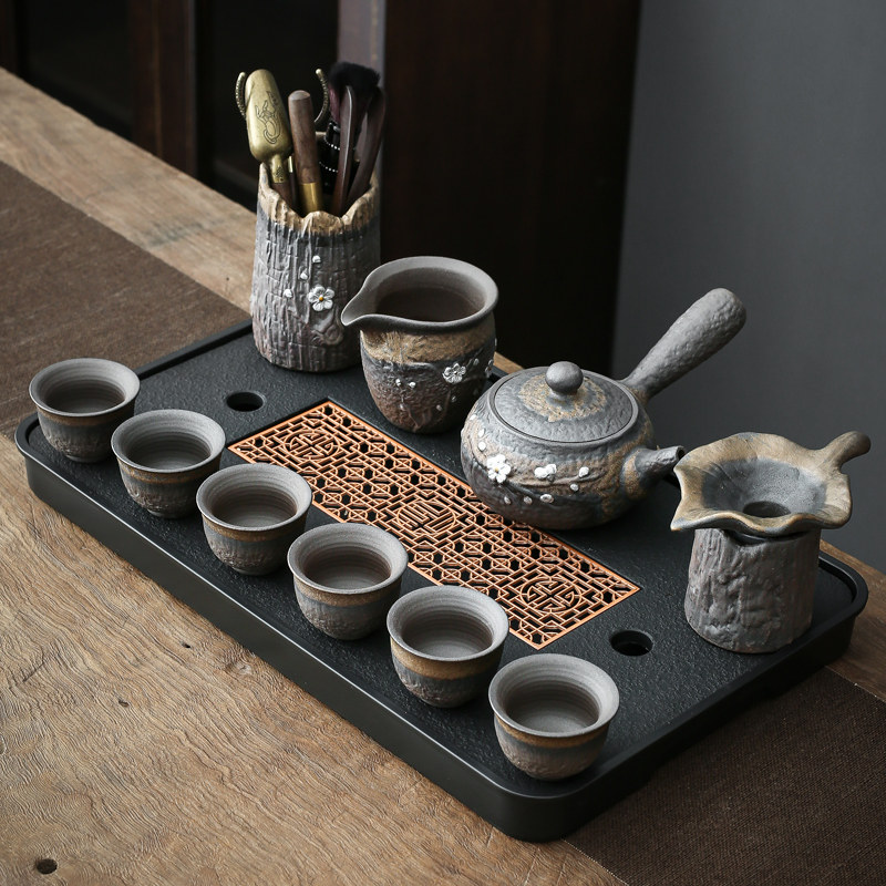 覆古粗陶鎏金功夫茶具套组家用盖碗提梁壶泡茶会客办公茶杯茶盘