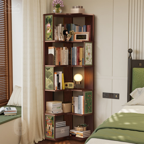 中古风实木转角书架多层储物