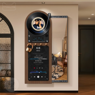 复古风唱片玄关全身镜装 可遮挡关闭隐形穿衣镜壁画 饰画推拉隐藏式