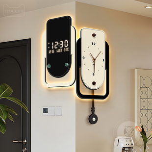 中古风客厅转角挂钟数显万年历电子钟双面拐角时钟高级感挂墙钟表