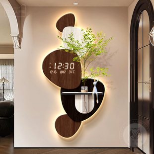 2026新款中古风玄关挂钟轻奢月球万年历电子时钟水培绿植发光钟表