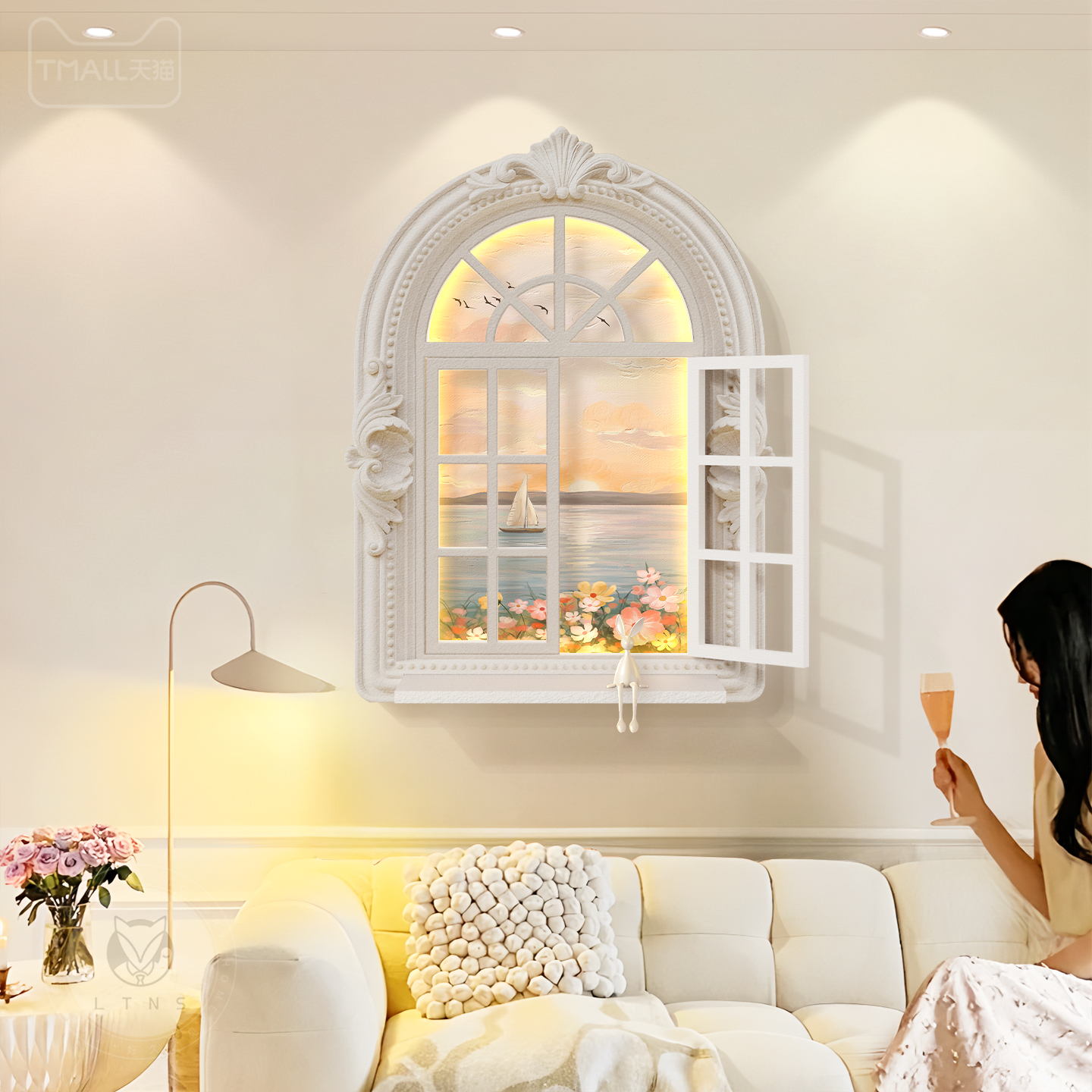 法式奶油风客厅装饰画仿真窗户