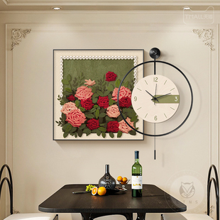 中古风餐厅装 玫瑰餐桌背景墙挂画高级感钟表组合壁画 饰画2026新款