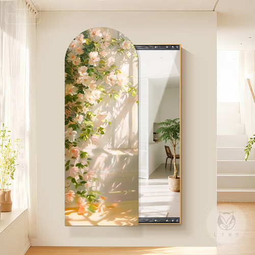 奶油风玄关装饰推拉式镜子画小众