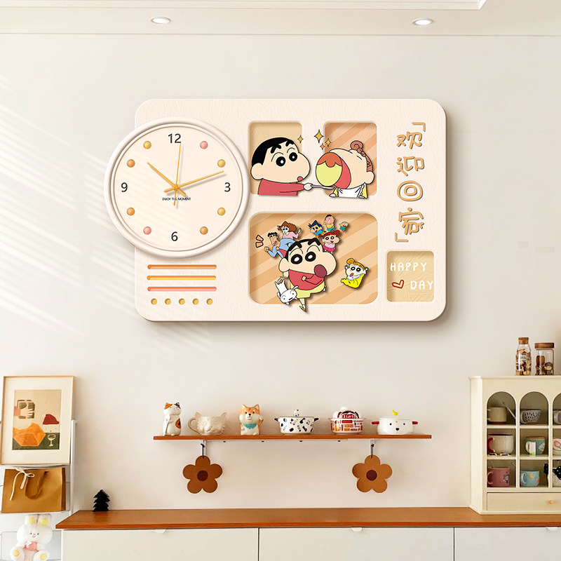 奶油风蜡笔小新电表箱装饰画钟表