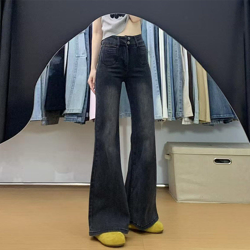 黑灰色微喇牛仔裤女2025新款夏季小个子高腰弹力显瘦直筒喇叭裤子