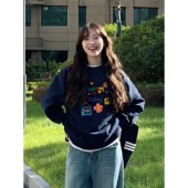 藏蓝色宽松慵懒圆领无帽上衣长袖 加绒女款 秋冬季 爆款 卫衣2025新款