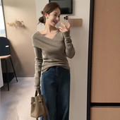 毛衣内搭打底上衣 高级感修身 老钱风灰色交叉v领针织衫 女秋冬法式