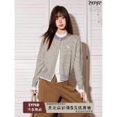 毛衣女秋冬短款 针织开衫 内搭打底外套上衣 灰色条纹假两件长袖 美式