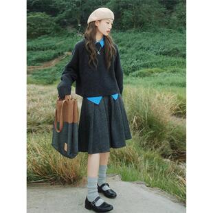 日杂风高级灰毛呢半身裙覆古高腰a字裙垂感五分伞裙小个子蓬蓬裙